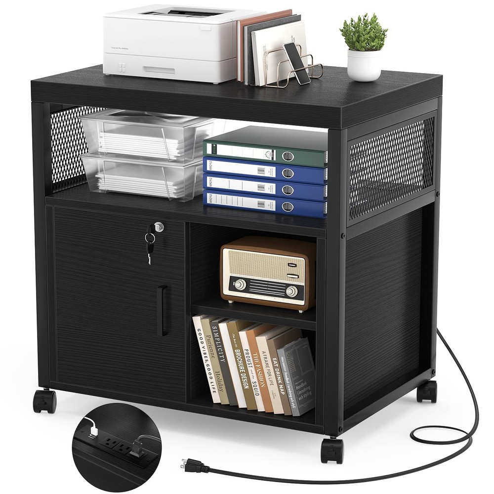 Locking Lateral File Cabinet with USB Charging, Rolling Printer Stand, Black