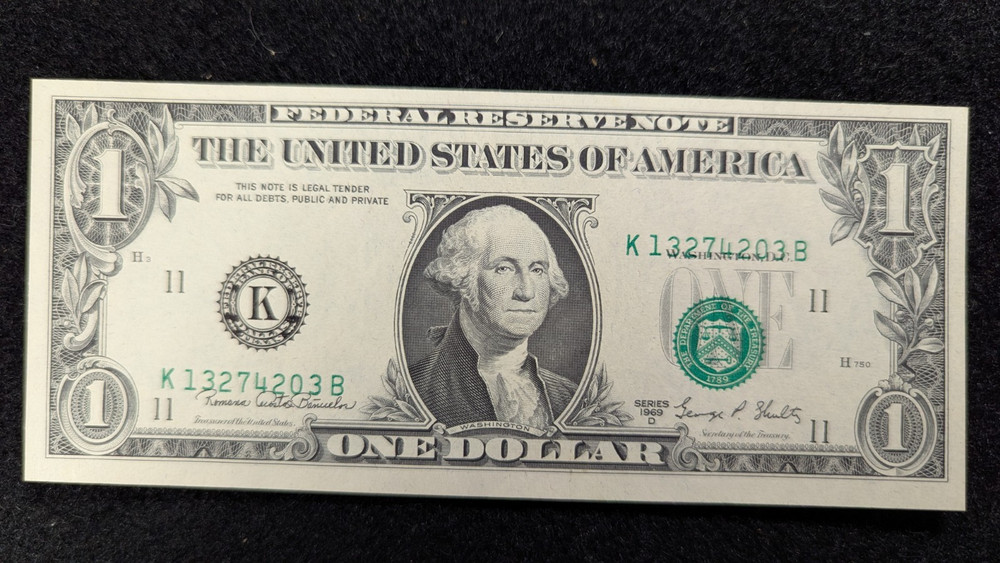 1969-D $1 FRN FEDERAL RESERVE NOTE "PRINT SHIFT ERROR" ABOUT UNCIRCULATED