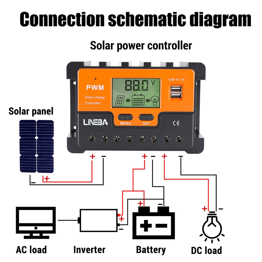 PWM Solar Panel Regulator Charge Controller 12V/24V/48V Auto Focus Tracking 2USB
