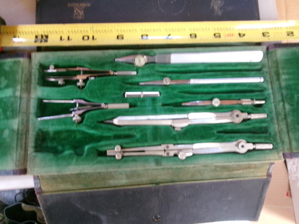 7 Vintage Drafting tools Compass+ Schoenner Germany in black case