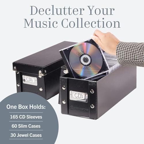Durable CD Storage Box Set - 2 Pack, Holds 52 Discs, Lids Included, Black