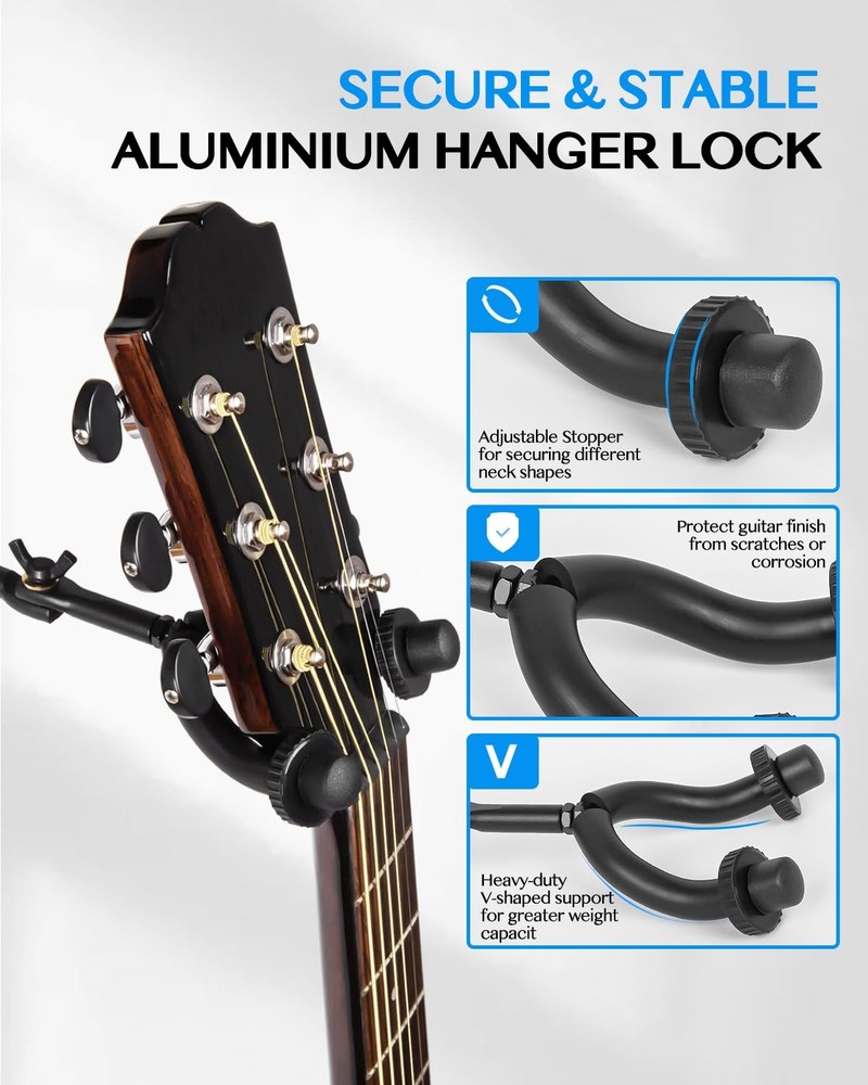 Modular Guitar Wall Mount Rack for 8 Instruments with Adjustable Hangers