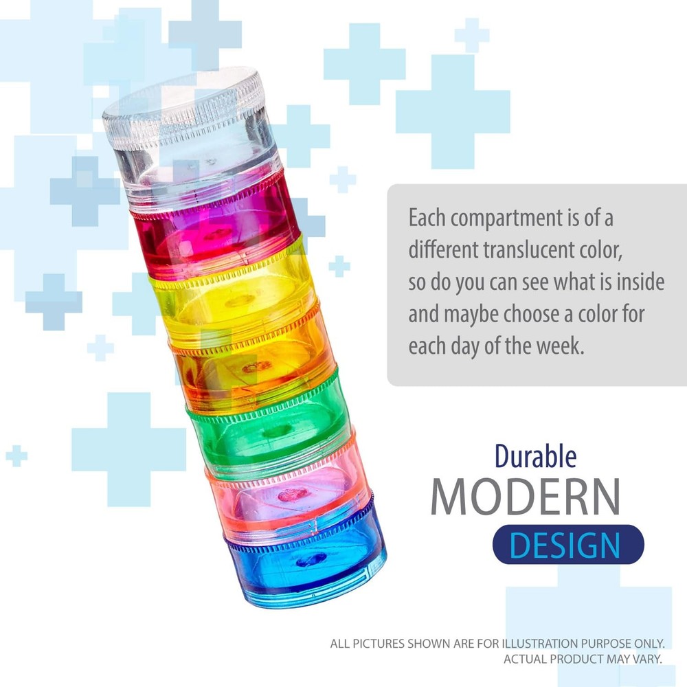 Pill Organizer 2 Pack 7 Day Rainbow Colored Stackable Twist Lock BPA-Free