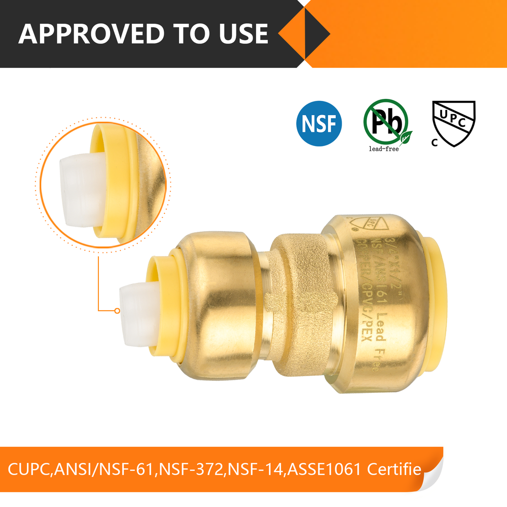 EFIELD (2 to100 Pack) 3/4"Push Fit×1/2"Reducing Coupling Brass Fitting Lead Free