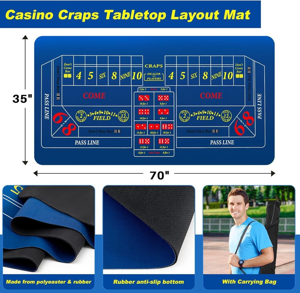 Craps Tabletop Game Set, Includes 35" X 70" Rubber Craps Tabletop Layout Mat, 36