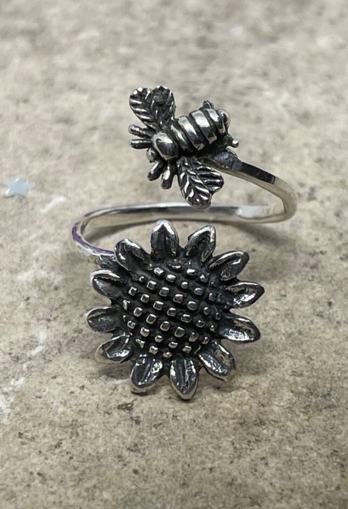Sterling Silver Sunflower Bumblebee Ring, Dainty Spoon Ring