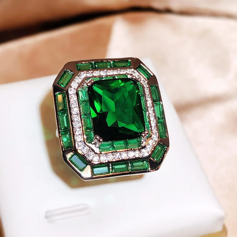 Geometric Shape Green Big Zircon Ring and Necklace