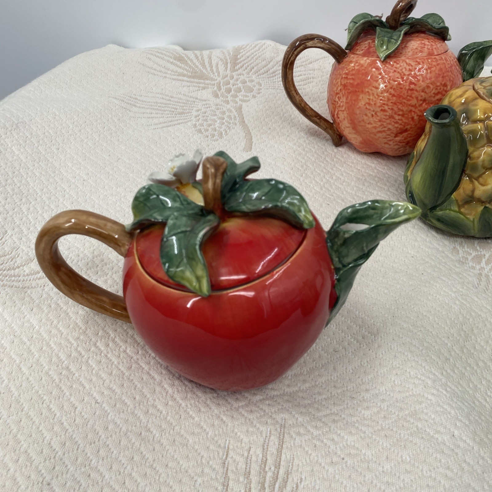 Vtg Lot 6 Ceramic Fruit Teapots: pair, Pineapple Peach Pomegranate & Watermelon