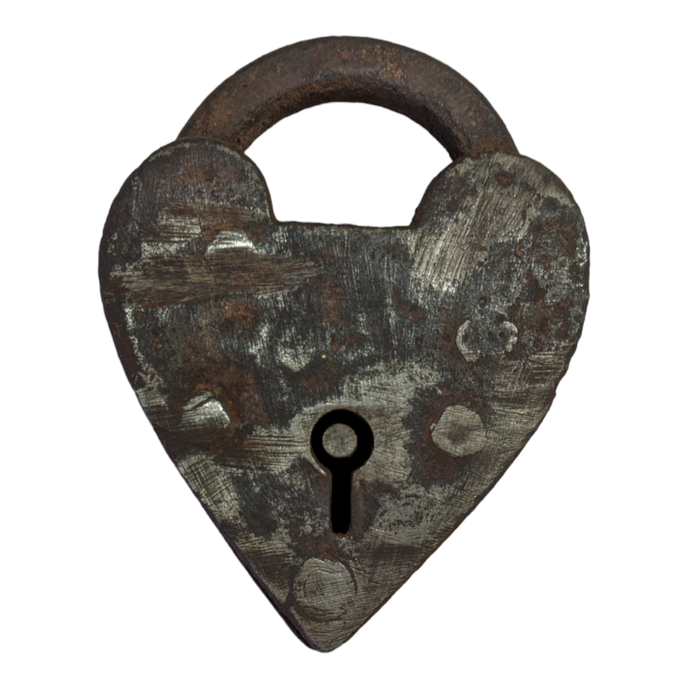 1850's Old Antique Solid Strong Heavy Iron Unique Heart Shape Lock & Key