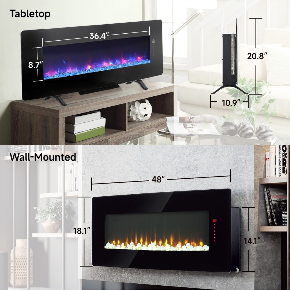 48" Curved Front Wall Mounted Electric Fireplace with Multi Color Flame&Emberbed