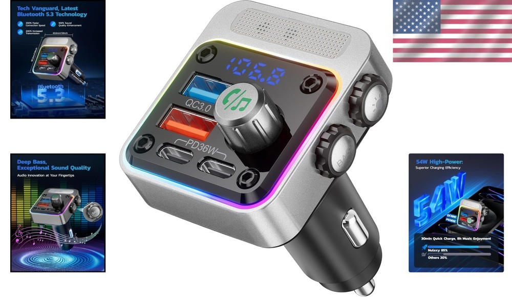54W Wireless Bluetooth 5.3 Car Adapter with 4 Ports & Enhanced Audio Experience