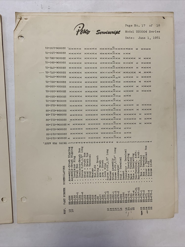 Pesco Servicescript Model 220004 Series Dated June 1, 1951 - Original