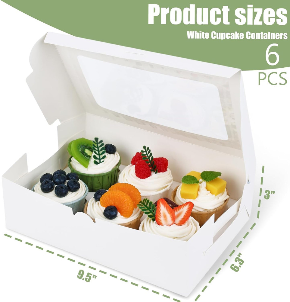 6PCS White Cupcake Boxes, 6 Count Cupcake Containers with Window Holding 36 Past