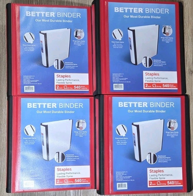 4 Pack Staples Better Binder, 2-Inch, Red