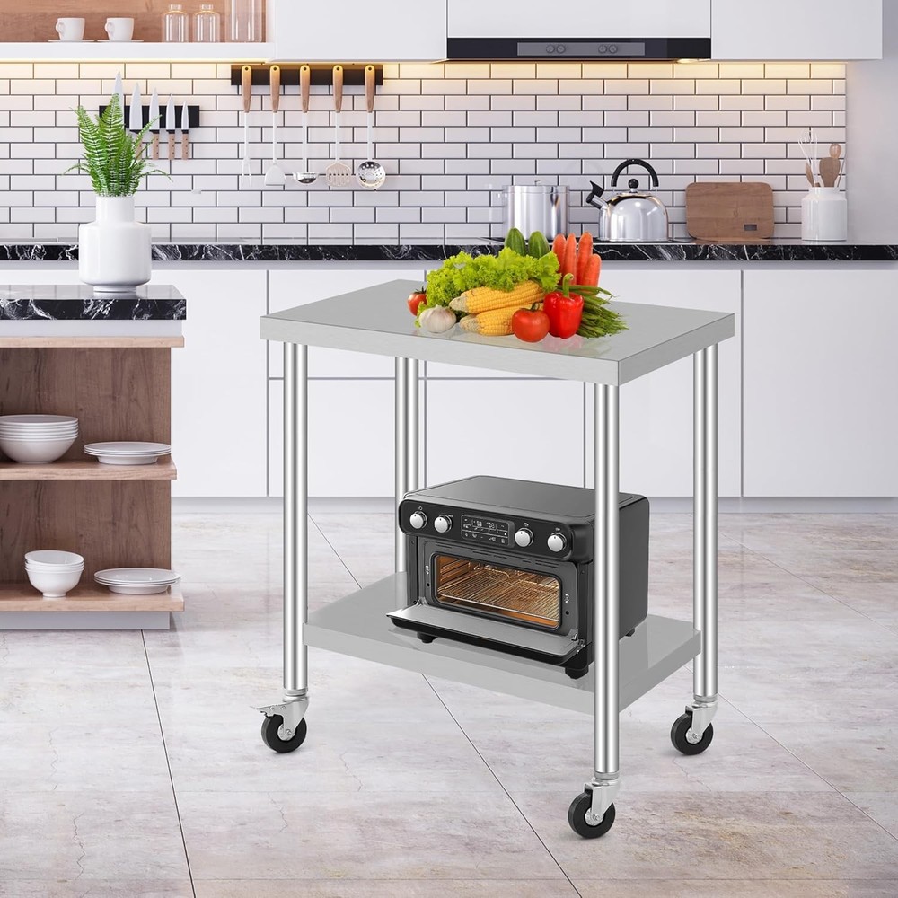 Stainless Steel Table with Wheels Undershelf Metal Kitchen Table for Prep & Work