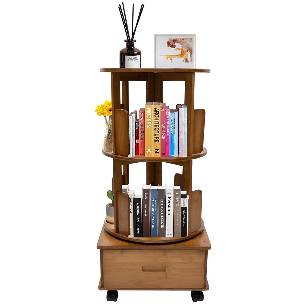 Rotating Bookshelf Swivel Storage Table Bookcase Side Table with Rolling Wheels