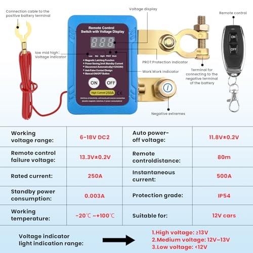 250A 12V Remote Battery Disconnect Switch, Upgrade Smart Voltage Kill Switch