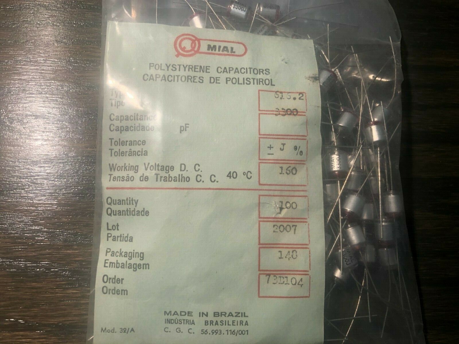 (100 pcs.) NOS Mial Polystyrene Film/Foil Audio Capacitors 3300pf 160v .0033uf