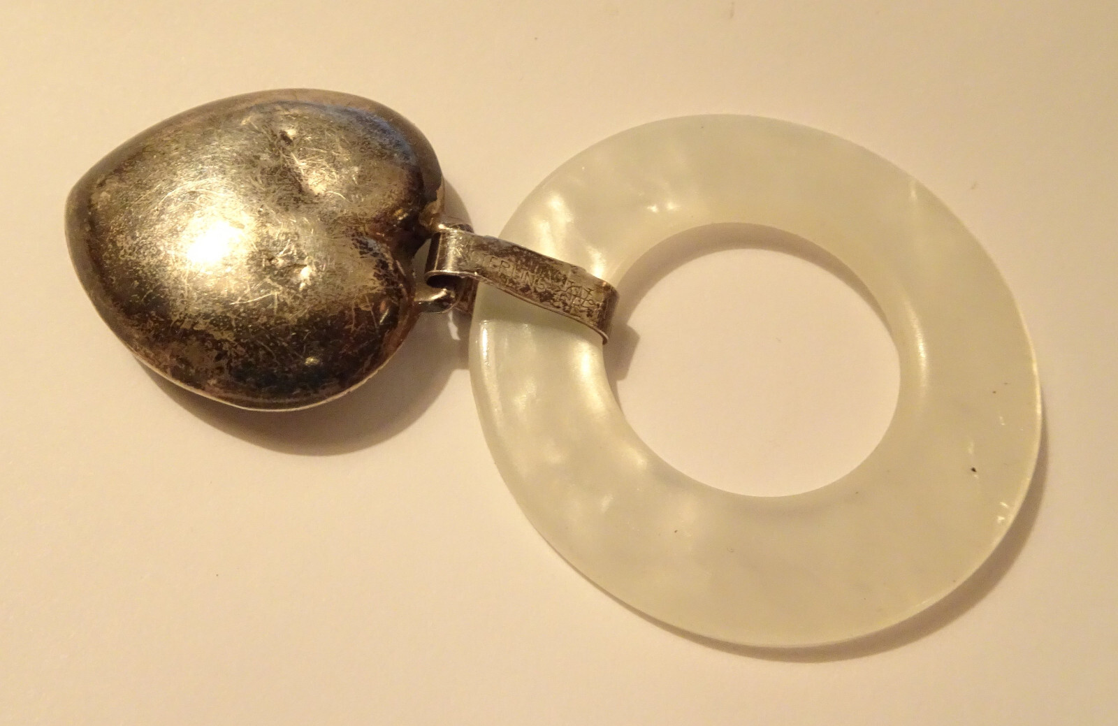 Sterling Silver Baby Rattle Teething Ring Puff Heart Antique Webster