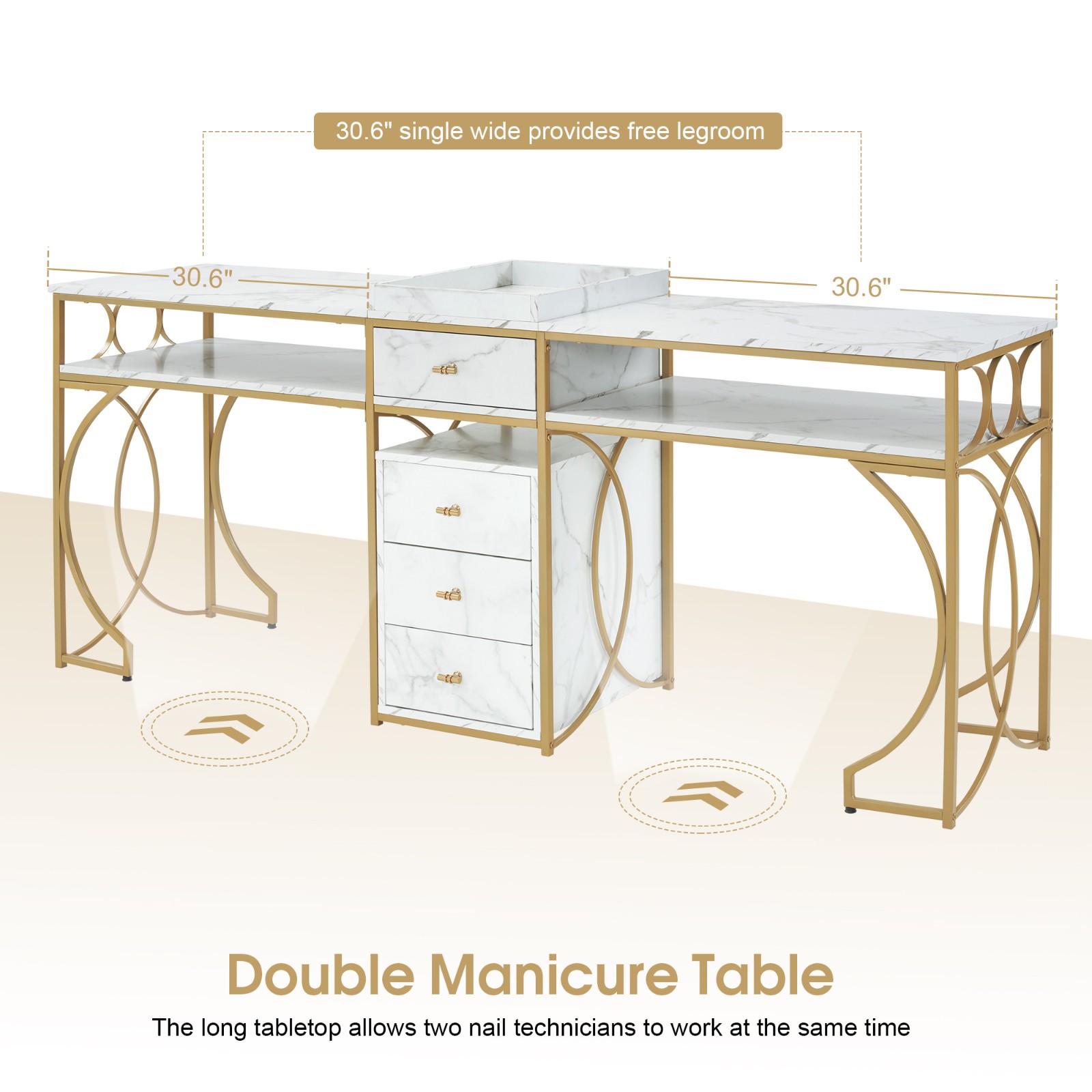 Double Manicure Table 2 person,Nail Station Marbling Texture with Storage Drawer