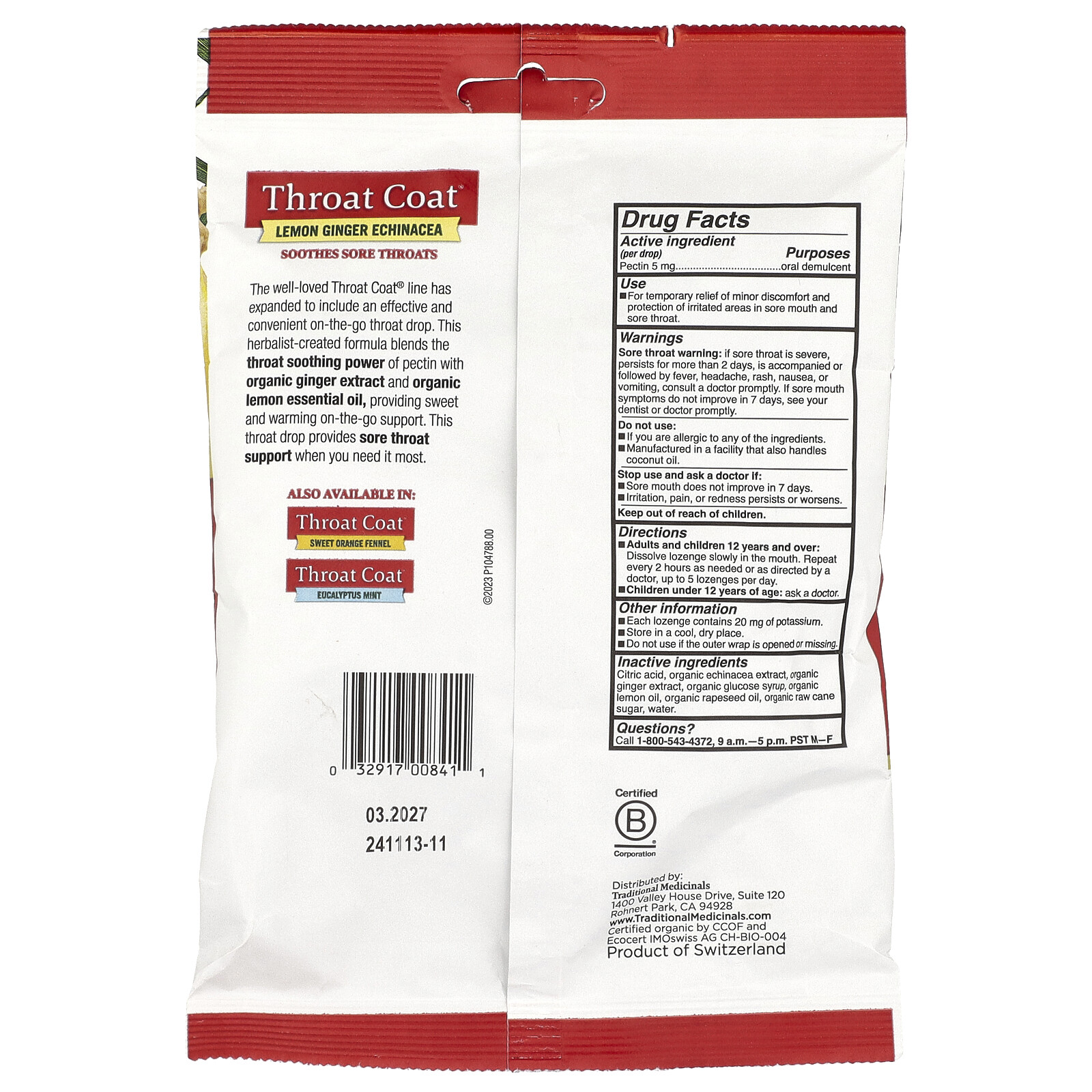 Organic Throat Coat®, Lemon Ginger Echinacea, 30 Lozenges