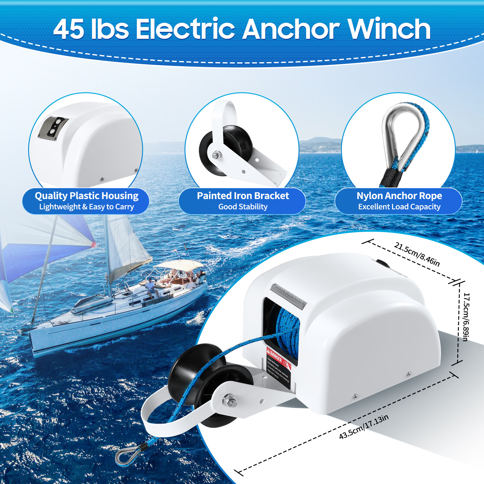 45 LBS Free Fall Saltwater Marine Boat Electric Anchor Winch W/ Wireless Remote