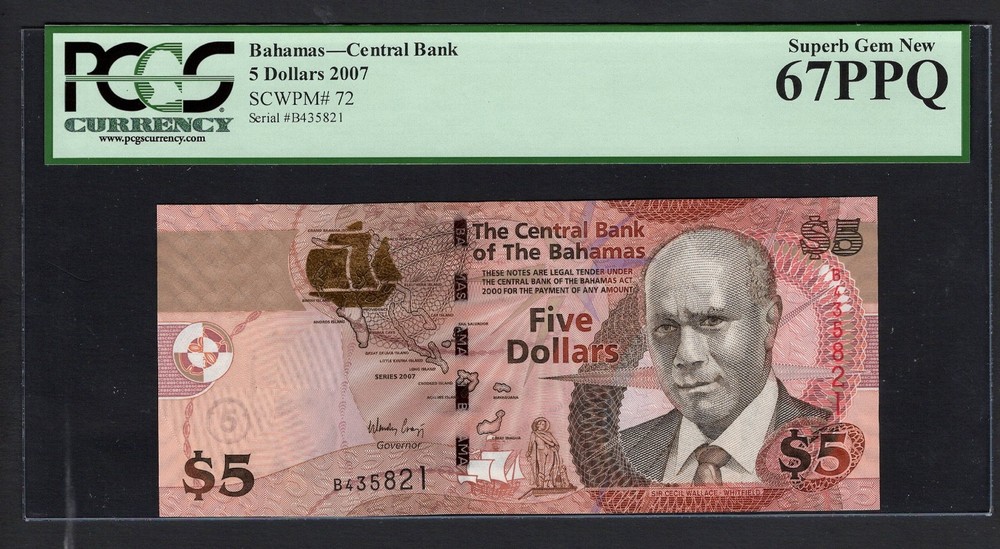 Bahamas 5 Dollars 2007 P72 Uncirculated Graded 67
