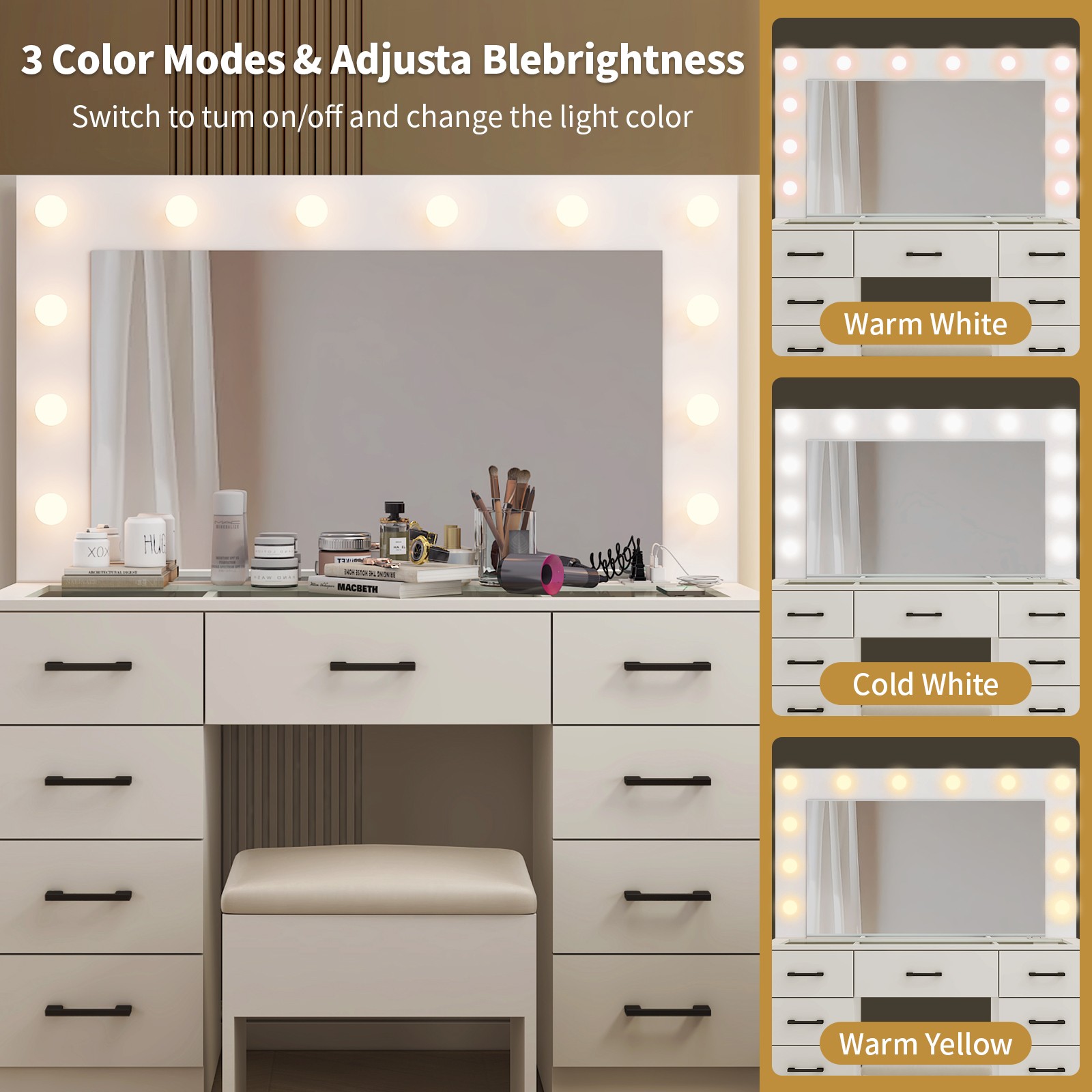 45.3 x 15.7 x 29.5-55.1 Inches Vanity Desk with Large Lighted Mirror & Lights