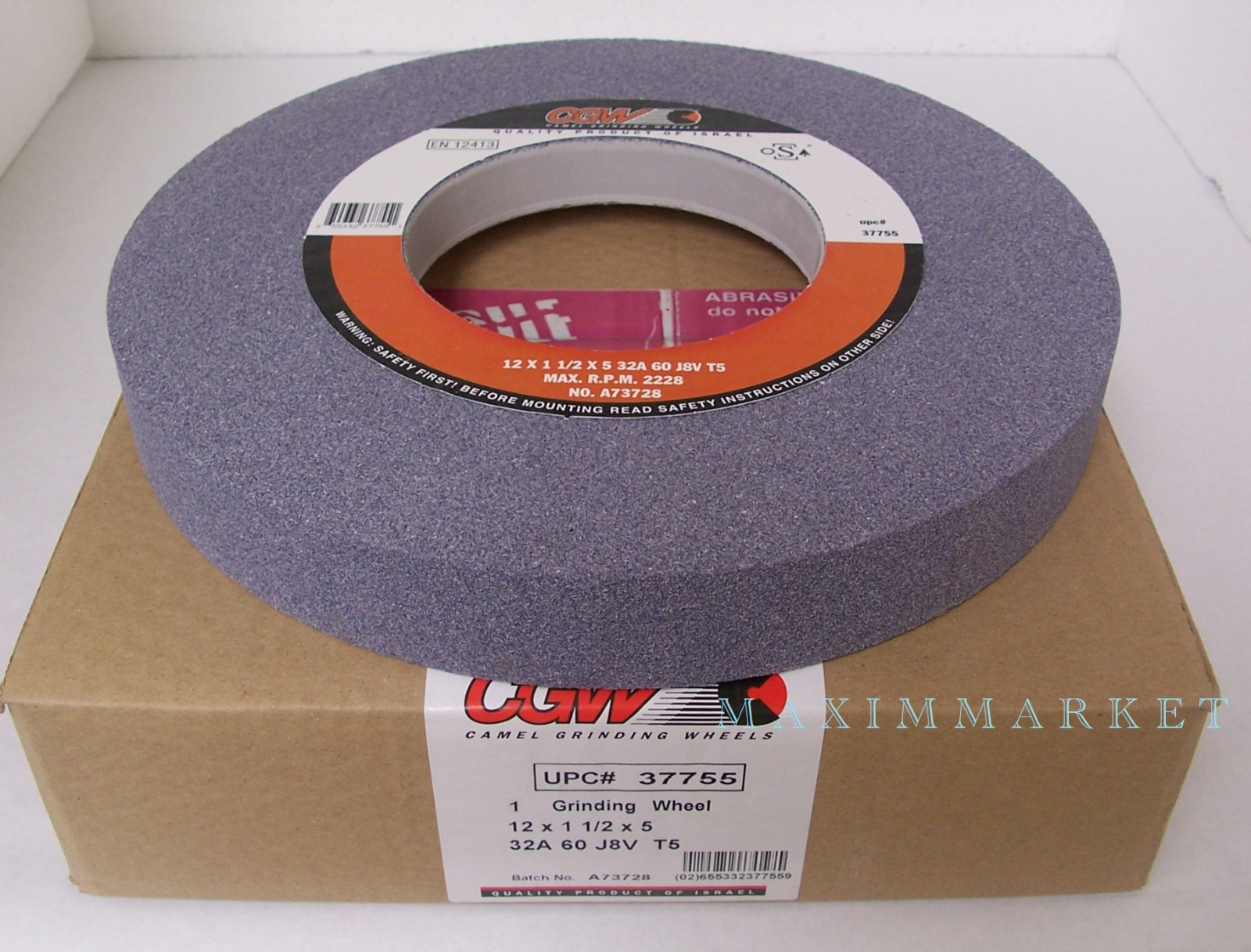 Lot of 2 CGW 12" x 1-1/2" x 5" Mono-Cristalline 32A, T-5 Surface Grinding Wheels