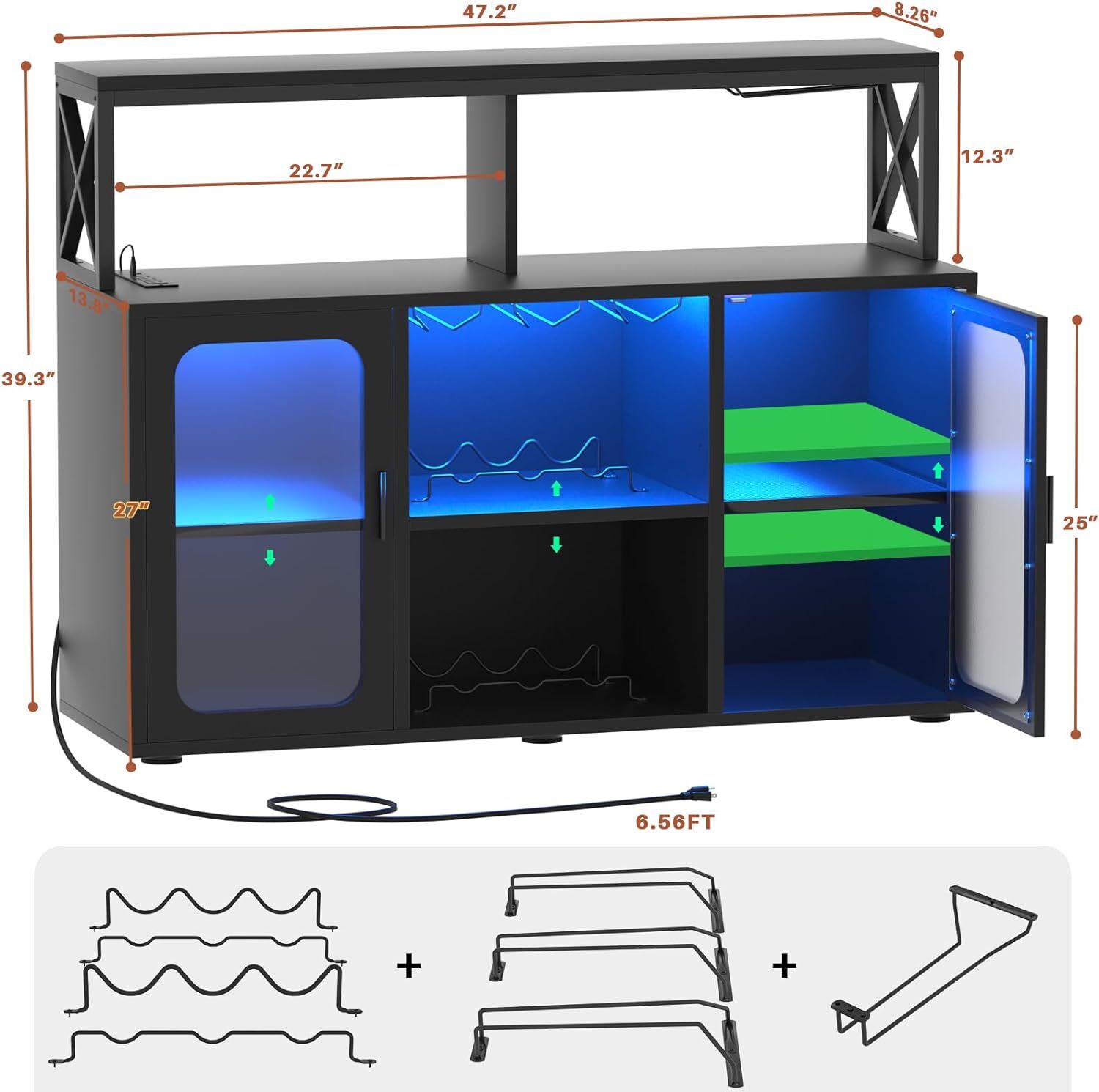 47" Bar Cabinet with LED Lights ＆ Glass Holder ＆ Racks, Storage Buffet Cabinet