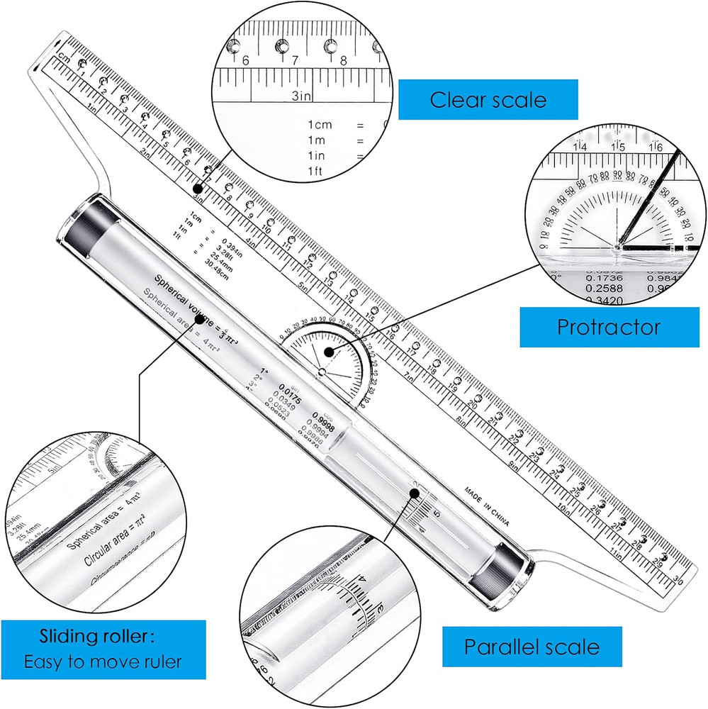 Frienda 2 Pieces Plastic Measuring Rolling Ruler Drawing Parallel Multifunctiona