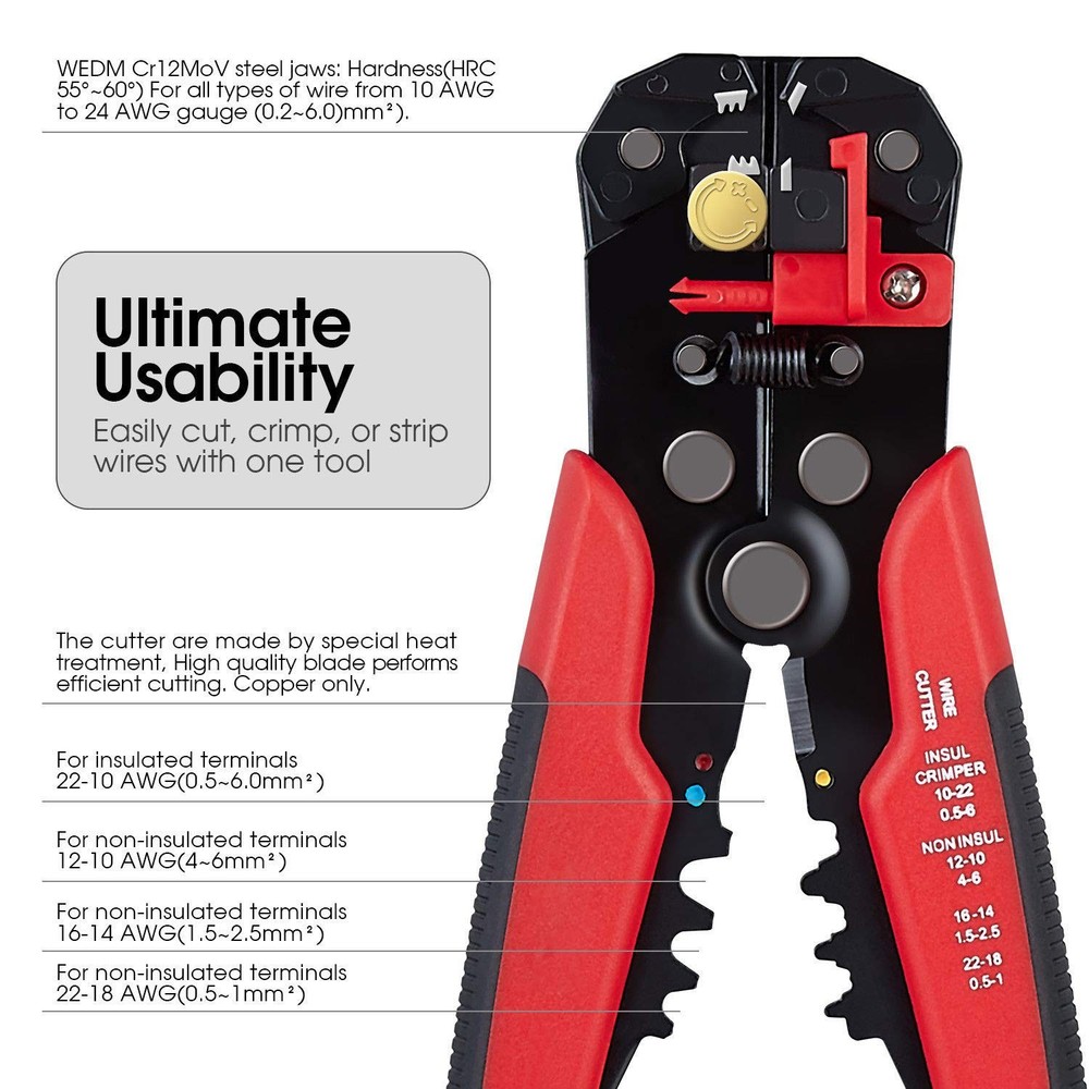 3 in 1 Self-Adjusting Wire Stripper Cutter, Crimping Tool Red