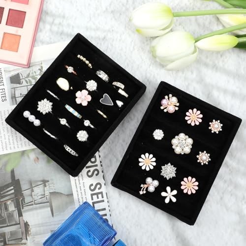 2 PCS Black Velvet Stackable Ring Organizer Tray, Earrings Display Tray