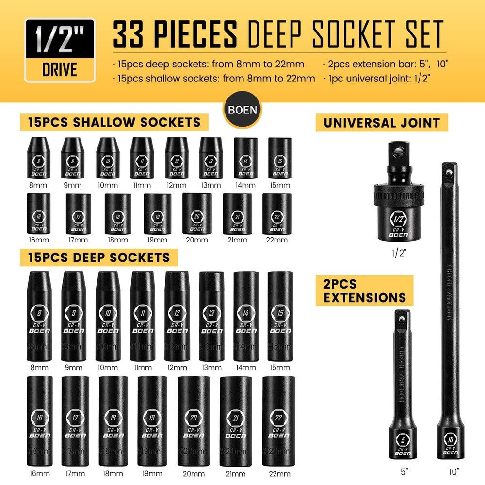 BOEN 1/2" Drive Impact Socket Set, 33 Piece Deep & Shallow Metric Socket Set