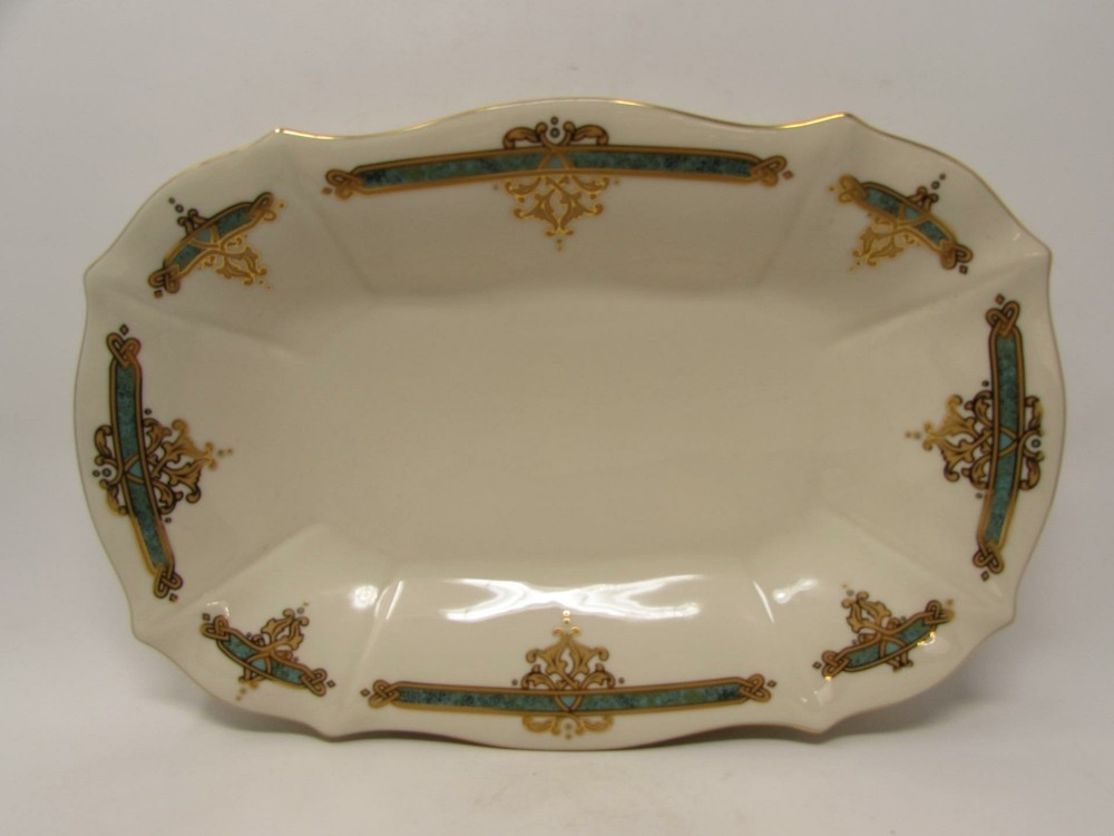 Catalan Collection by Lenox Rectangular Tray Green Bands Tan Gold Scrolls b387