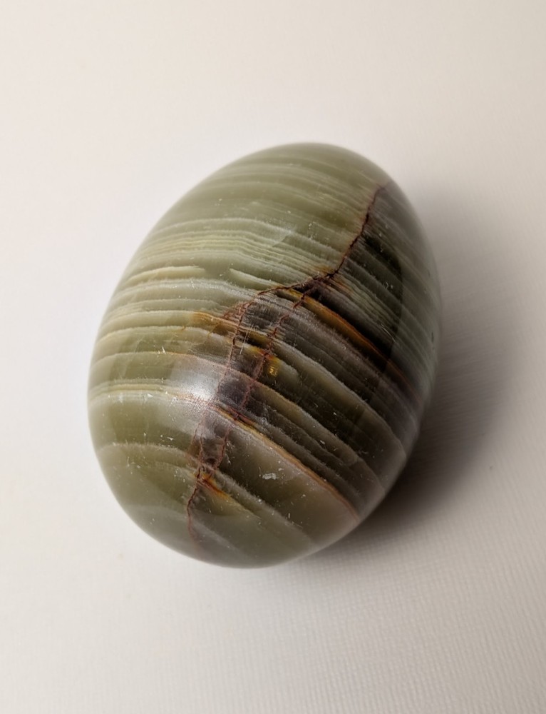 Vintage Polished Stone Egg – Olive Green w/ Natural Stripe Pattern – 2.75" Wide