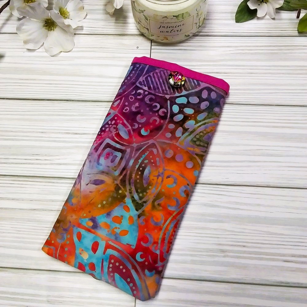 BATIK TIE DYE Eyeglass Readers Case/Pouch, Padded, Button Accent, Handmade