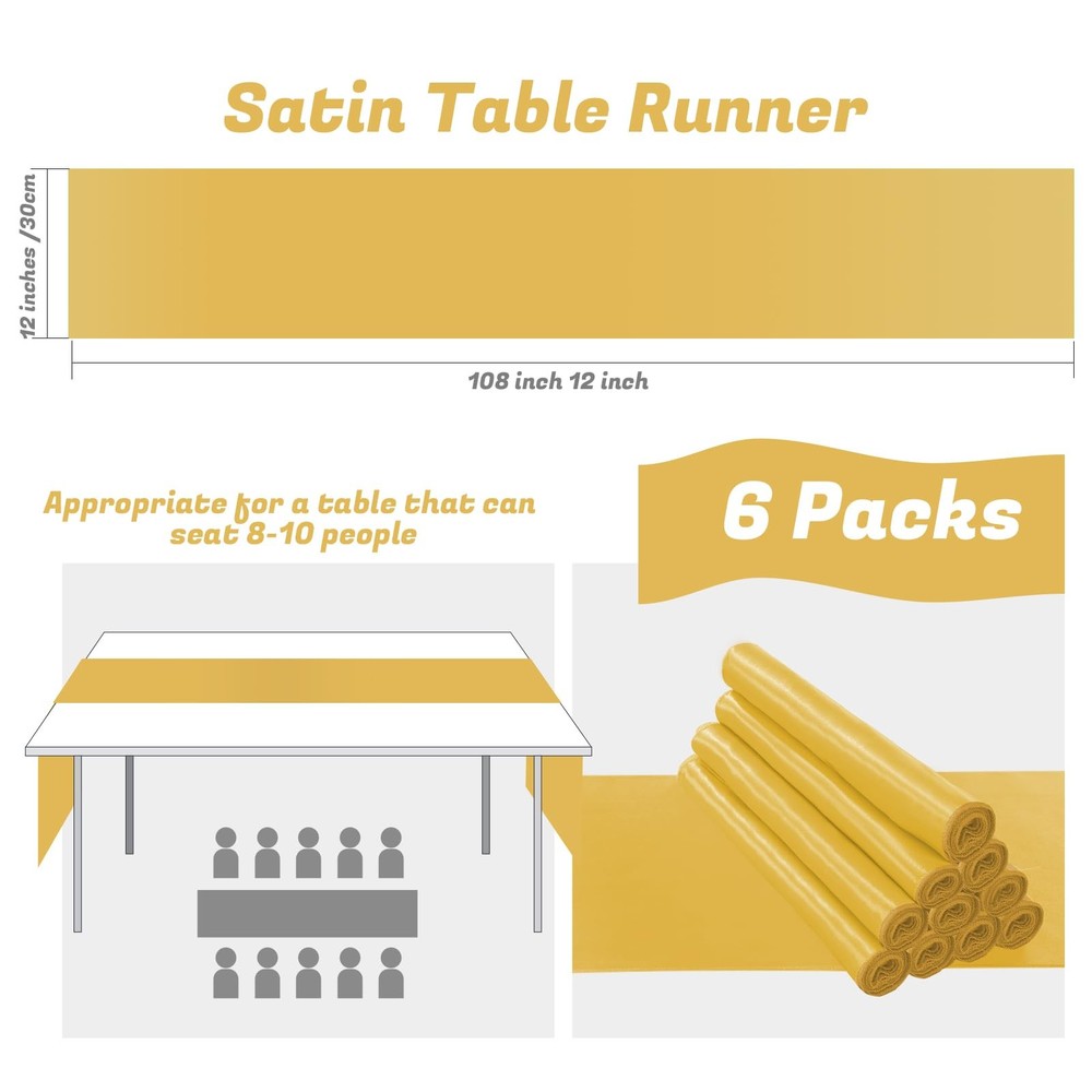 6 Pack Gold Table Runners 12 x 108 Inch, Rectangular Smooth Satin Silk Table ...