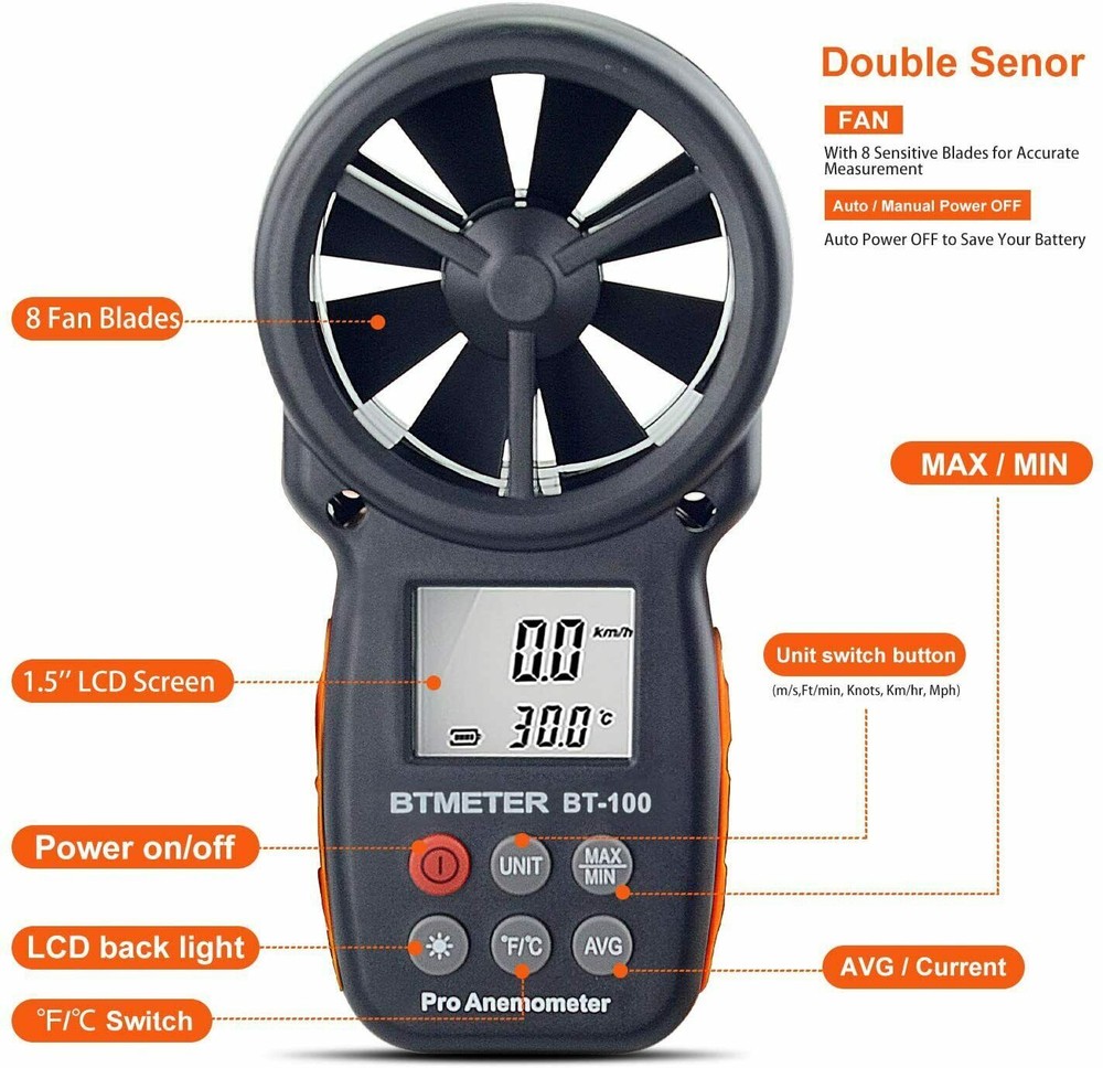 Handheld Wind Speed Meter Anemometer Altitude Humidity Temperature Barometer LCD