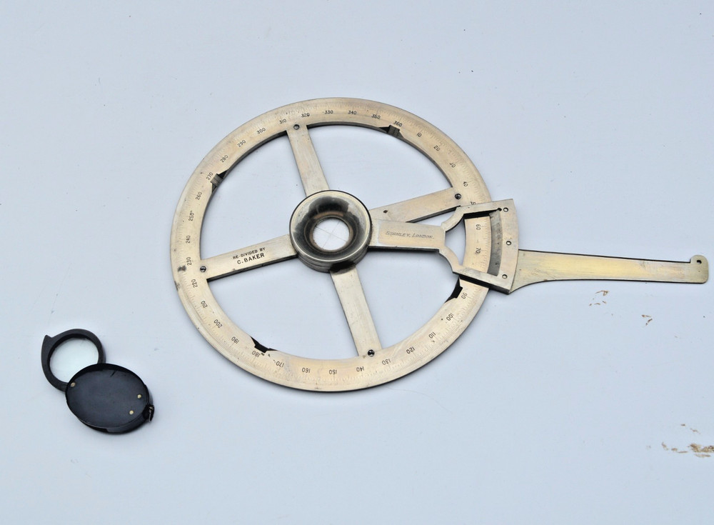 Nickel silver single arm protractor in case – Stanley.
