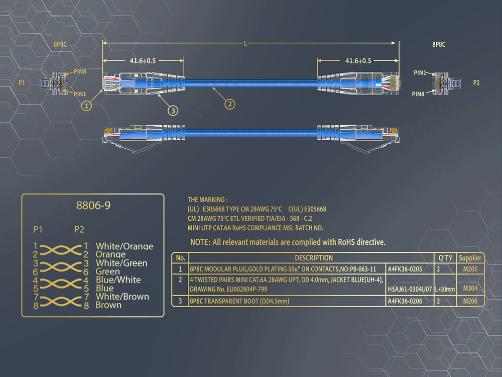 15ft Slim Cat6a 28AWG UTP Ethernet Network Patch Cable, Blue