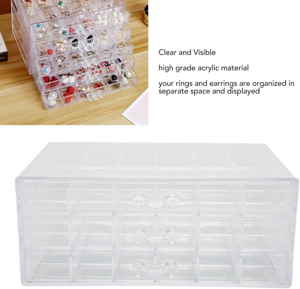 3-Layer Acrylic Jewelry Organizer Box - 72 Grids Clear Stackable White