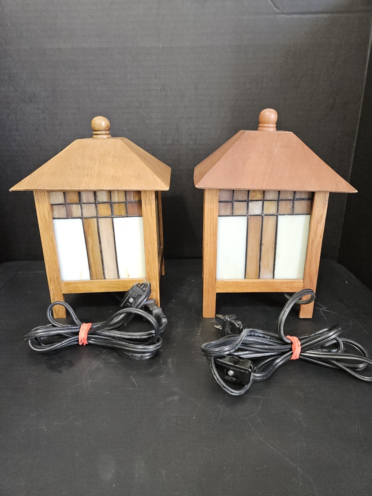 Stained Glass/Wooden Table Lamps Inspired by Frank Lloyd Mission Style Art Set
