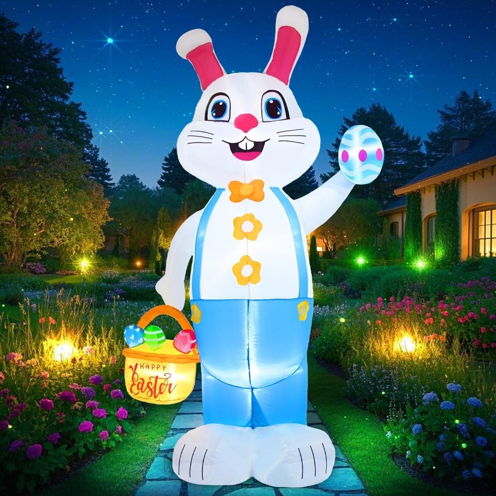 6FT Easter inflatables Bunny Outdoor Decorations LED Lighted Blow Up Blue