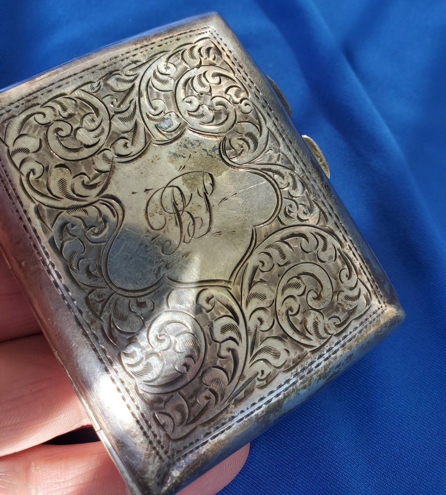 Rare Solid SILVER Hand Engraved Compartment Cigarette Vesta Case Monogram c1860