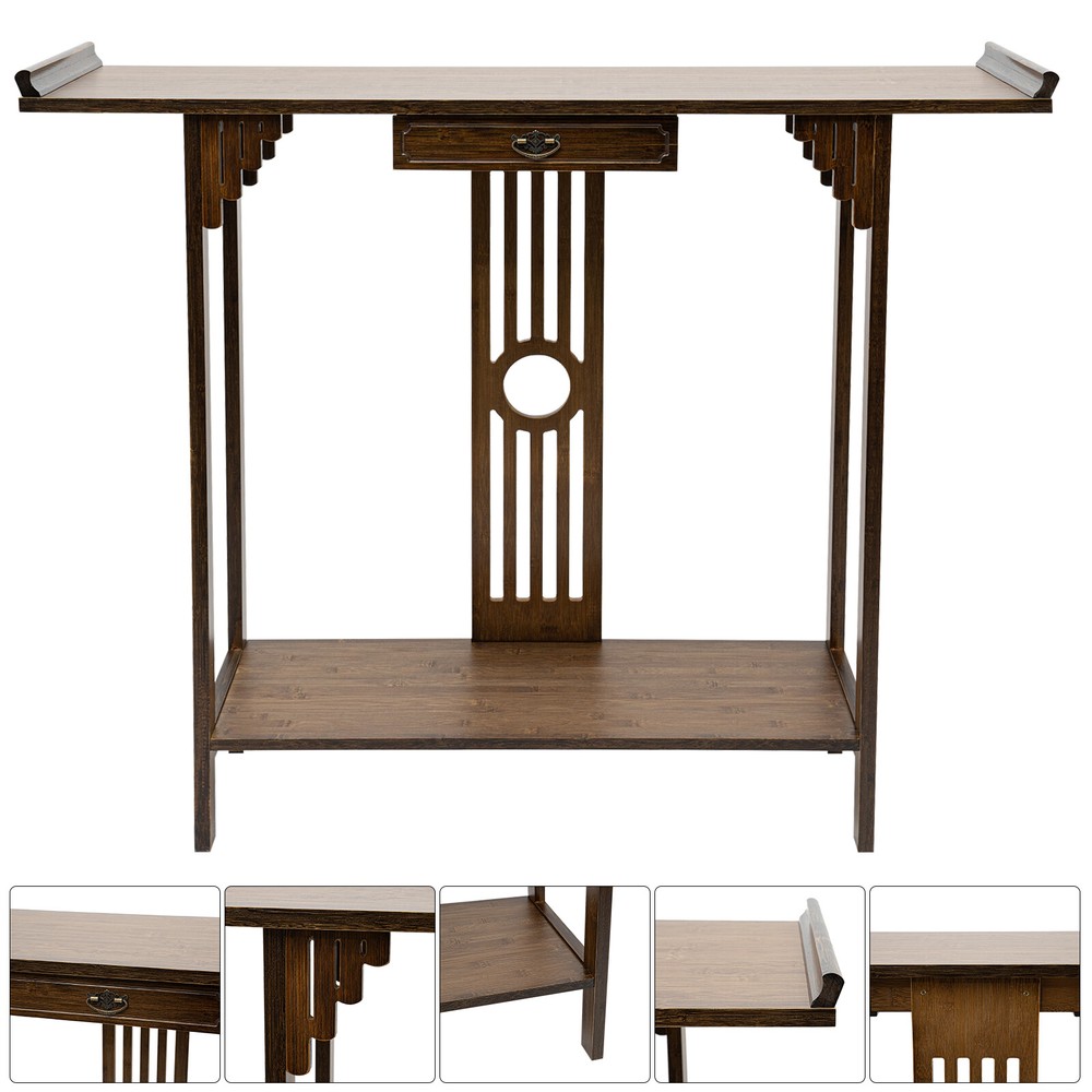 2 Tiers Walnut Sofa Table Bamboo Entryway Table Table With Storage Shelves
