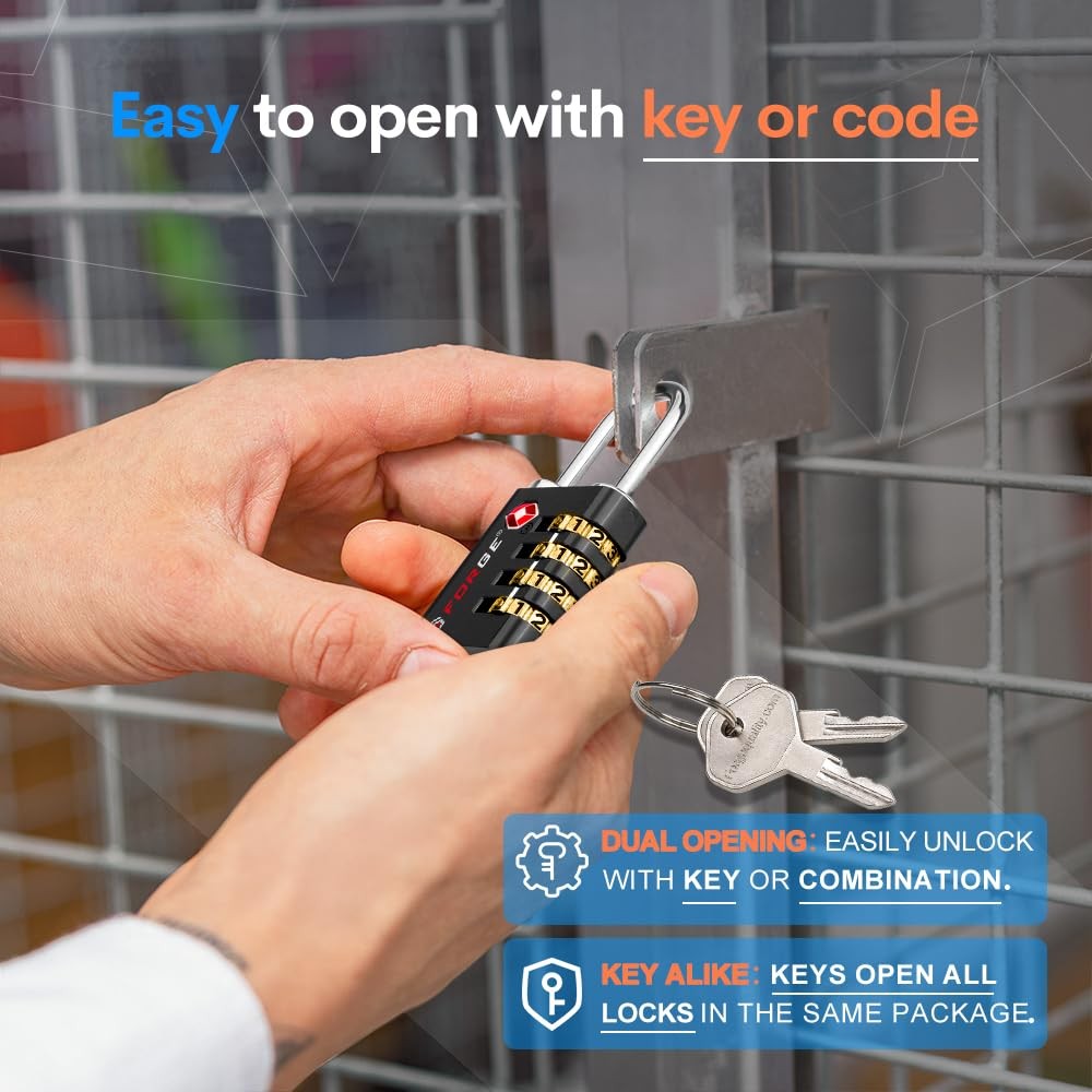 Forge Dual-Opening: Key or Combination Access Lock, TSA 4 Pack, Black
