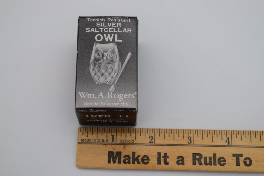 Wm A Rogers Oneida Silverplated Owl Saltcellar Lined , w/Spoon NIB