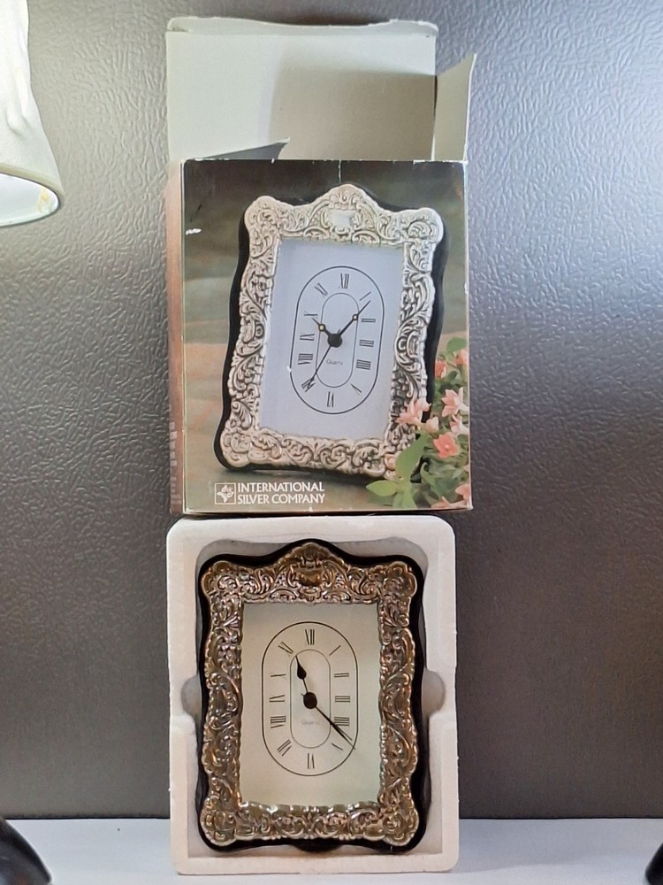 Vtg Silver Framed Quartz Clock Scrolled Design Tabletop