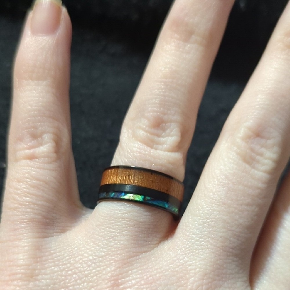 Black Brown Wood and Abalone Inlay Statement Ring - Size 7
